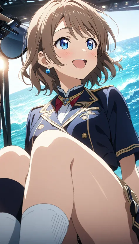 1 girl, girl、Diagonal、Brown Hair、short hair、blue eyes、put one foot on the edge of the yacht、Pirate with telescope、Look forward、Sea of navy uniforms、anime、Illustration, Full HD, 8k, Absurd, masterpiece, Best Quality, Super detailed, beautiful, Exquisite, Delighted, Bright smile, Look away, Earrings, Knee socks,  cute, beautiful, A bright and colorful world, anime, cell anime, 2d anime, strict, Soft Surface, close, Upper body photo, Front View, Golden Ratio, Perfect handcrafting of stage lighting, ,Watanabe, blue eyes, Brown Hair, short hair, bangs,