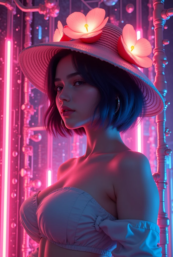 (Neon lights)，circuit boards，(Beautiful girl wearing fruit flower hat), Gurwitz style artwork，Neon lights，(UHD, masterpiece, ccurate, anatomically correct, textured skin, super detail, high details, award winning, best quality, 8k)