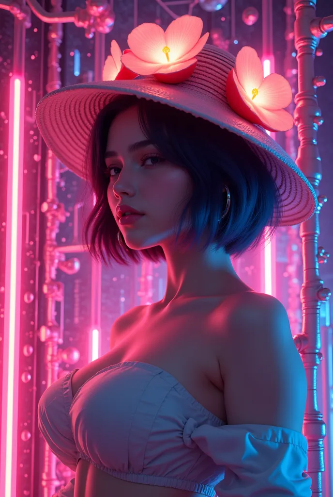 (neon lights)，circuit boards，(beautiful girl wearing fruit flower hat), gurwitz style artwork，neon lights，(uhd, masterpiece, ccu...