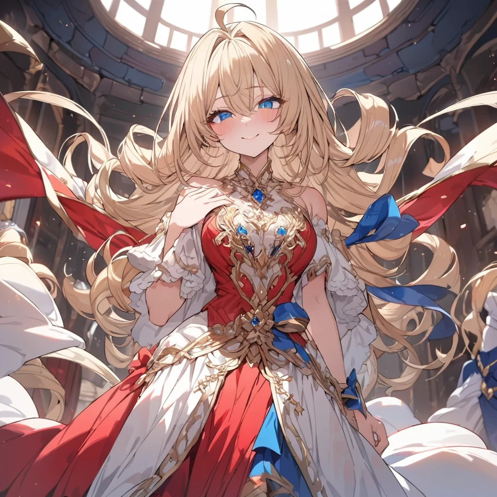 woman,, View your audience, Long Hair, Ahoge, blonde, Drill Hair, blue eyes, Slanted Eyes, smile, beautiful, Sparkling Red Afternoon Dress, long term, Standing, courtesy, Upper Body、A glittering medieval ball, Speedy Shot, masterpiece, Best Quality, detailed, ultra detailed, hyper detailed, insanely detailed, Exquisite, beautiful, Full HD, 16k, cute, Fantasy, A vibrant academic community, Soft line design, Soft Surface, Simple line drawing, Cowboy Shot, Front View, The best light, Fast shutter speed, Written boundary depth, Highly saturated colors, Vibrant colors, Bright colors, Dreamy watercolor painting, Best Hand