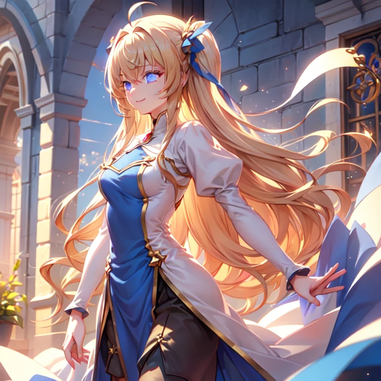 woman,, View your audience, Long Hair, Ahoge, blonde, Drill Hair, blue eyes, Slanted Eyes, smile, beautiful, Sparkling Red Afternoon Dress, long term, Standing, courtesy, Upper Body、A glittering medieval ball, Speedy Shot, masterpiece, Best Quality, detailed, ultra detailed, hyper detailed, insanely detailed, Exquisite, beautiful, Full HD, 16k, cute, Fantasy, A vibrant academic community, Soft line design, Soft Surface, Simple line drawing, Cowboy Shot, Front View, The best light, Fast shutter speed, Written boundary depth, Highly saturated colors, Vibrant colors, Bright colors, Dreamy watercolor painting, Best Hand