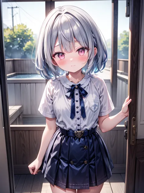 short hair, silver hair, shy, blush, closed mouth, short hair, silver hair, shy, blush, closed mouth, highres, 8k, best quality,...