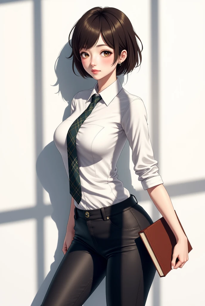 A detailed hand drawing of a beautiful girl, short hair, wearing a white shirt, with black pants, shirt collar, with plaid tie, with socks, book, window light with deep shadows, drawing, hand drawing, colored pencil style, white background