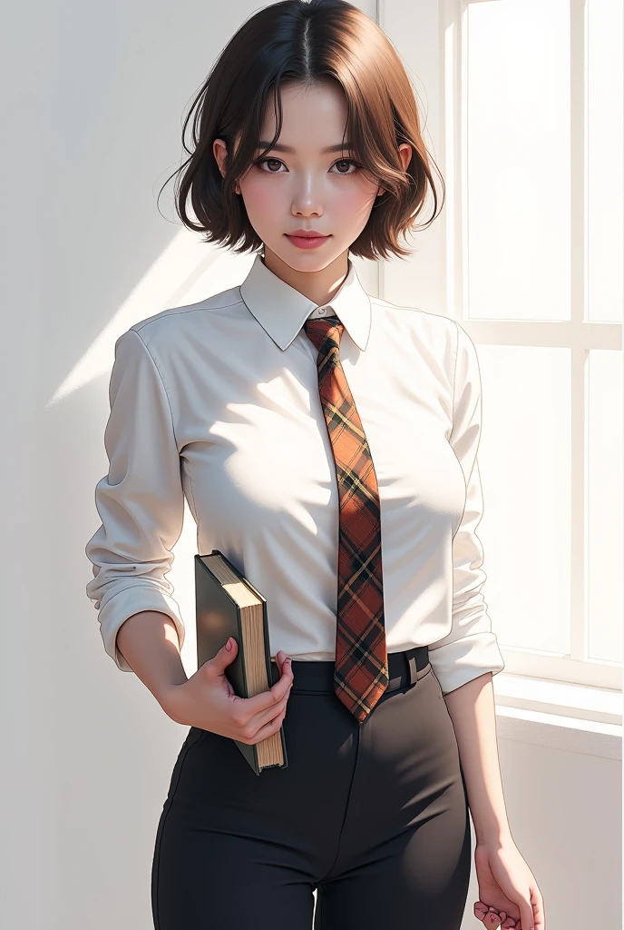 A detailed hand drawing of a beautiful girl, short hair, wearing a white shirt, with black pants, shirt collar, with plaid tie, with socks, book, window light with deep shadows, drawing, hand drawing, colored pencil style, white background