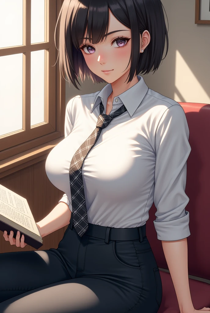 A detailed hand drawing of a beautiful girl, short hair, wearing a white shirt, with black pants, shirt collar, with plaid tie, with socks, book, window light with deep shadows, drawing, hand drawing, colored pencil style, background, wide hips and small waist 