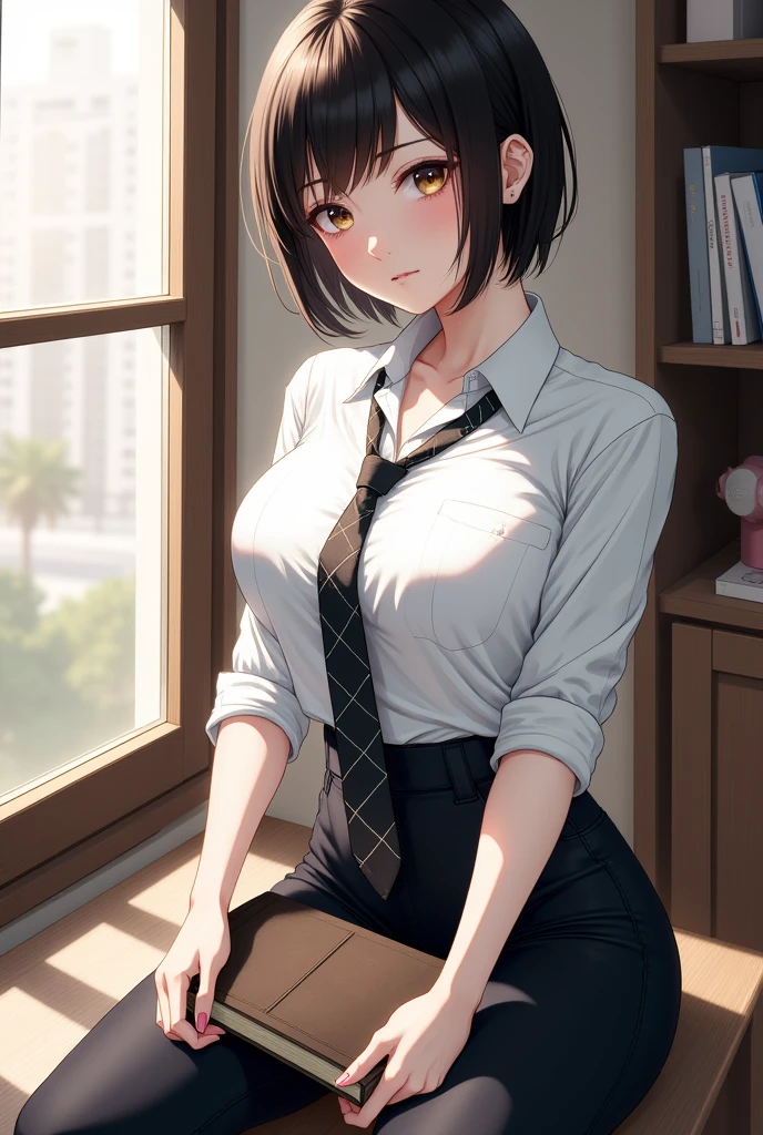 A detailed hand drawing of a beautiful girl, short hair, wearing a white shirt, with black pants, shirt collar, with plaid tie, with socks, book, window light with deep shadows, drawing, hand drawing, colored pencil style, background, wide hips and small waist 