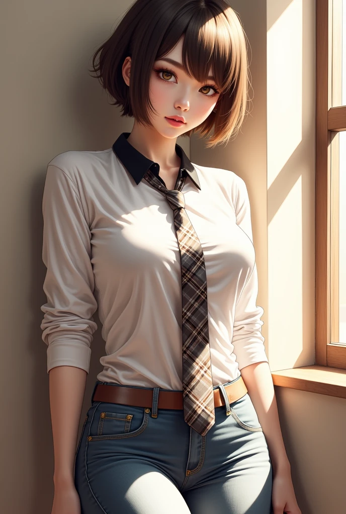 A detailed hand drawing of a beautiful girl, short hair, wearing a white shirt, with black pants, shirt collar, with plaid tie, with socks, window light with deep shadows, drawing, hand drawing, colored pencil style, background, wide hips and small waist, flux