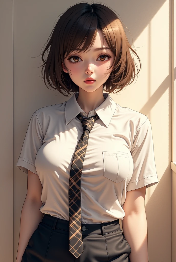 A detailed hand drawing of a beautiful girl, short hair, wearing a white shirt, with black pants, shirt collar, with plaid tie, with socks, window light with deep shadows, drawing, hand drawing, colored pencil style, background, wide hips and small waist, flux