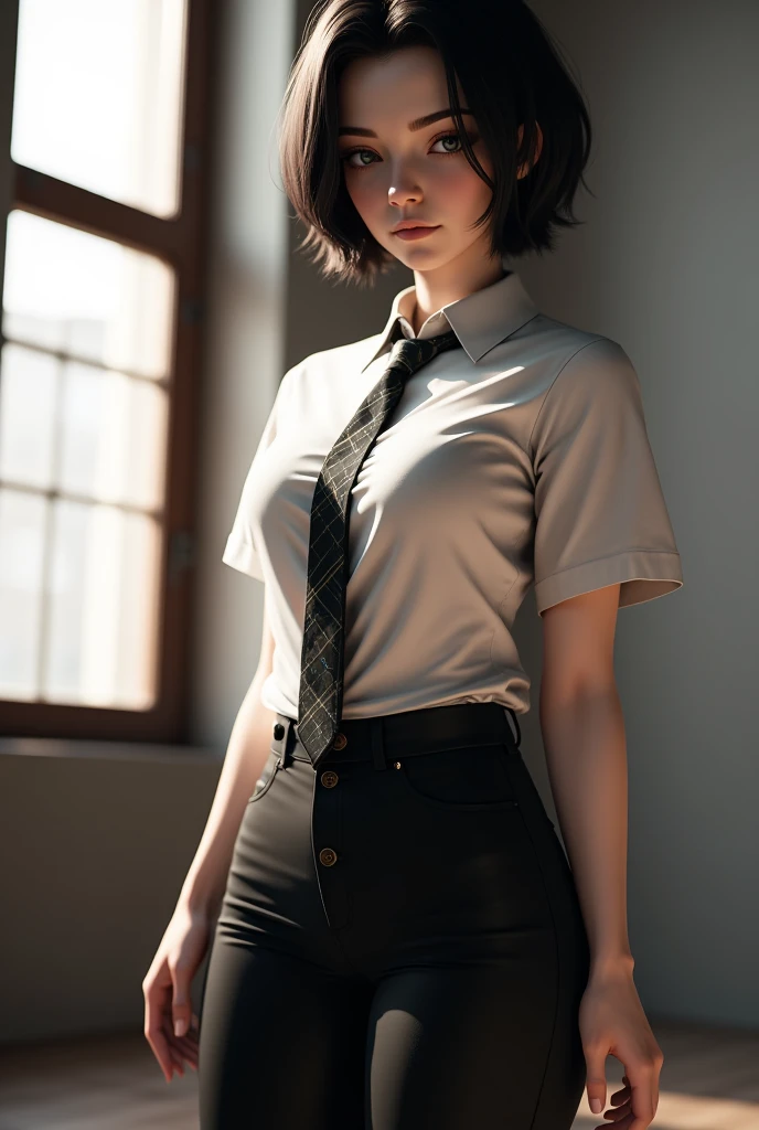 3d render of a beautiful girl, short hair, wearing a white shirt, with black pants, shirt collar, with plaid tie, with socks, window light with deep shadows, background, wide hips and small waist, flux