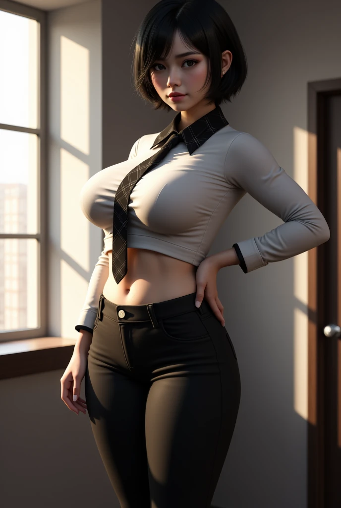 3d render of a beautiful girl, short hair, wearing a white shirt, with black pants, shirt collar, with plaid tie, with socks, window light with deep shadows, background, wide hips and small waist, flux