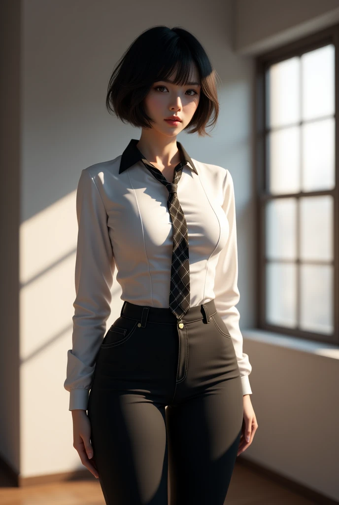 3d render of a beautiful girl, short hair, wearing a white shirt, with black pants, shirt collar, with plaid tie, with socks, window light with deep shadows, background, wide hips and small waist, flux