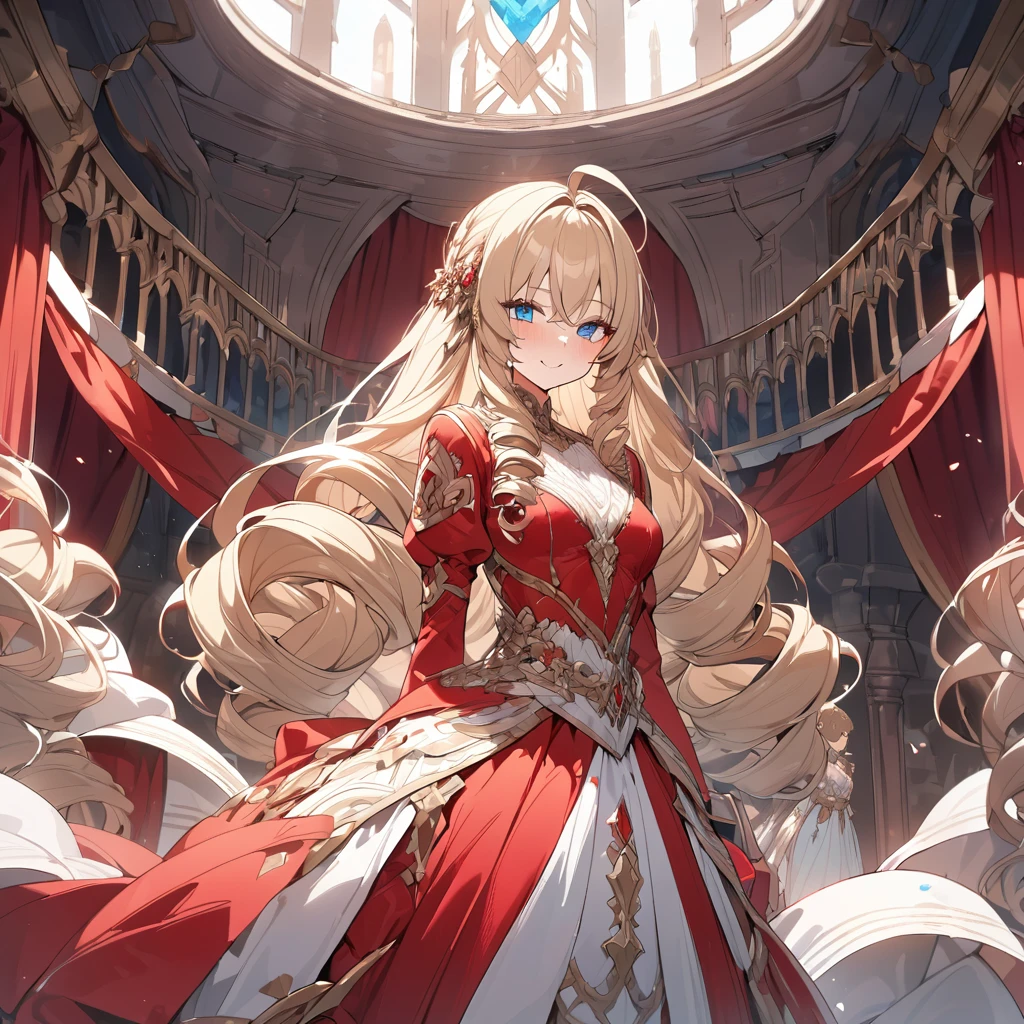 woman,, View your audience, Long Hair, Ahoge, blonde, Drill Hair, blue eyes, Slanted Eyes, smile, beautiful, Sparkling Red Afternoon Dress, long term, Standing, courtesy, Upper Body、A glittering medieval ball, Speedy Shot, masterpiece, Best Quality, detailed, ultra detailed, hyper detailed, insanely detailed, Exquisite, beautiful, Full HD, 16k, cute, Fantasy, A vibrant academic community, Soft line design, Soft Surface, Simple line drawing, Cowboy Shot, Front View, The best light, Fast shutter speed, Written boundary depth, Highly saturated colors, Vibrant colors, Bright colors, Dreamy watercolor painting, Best Hand