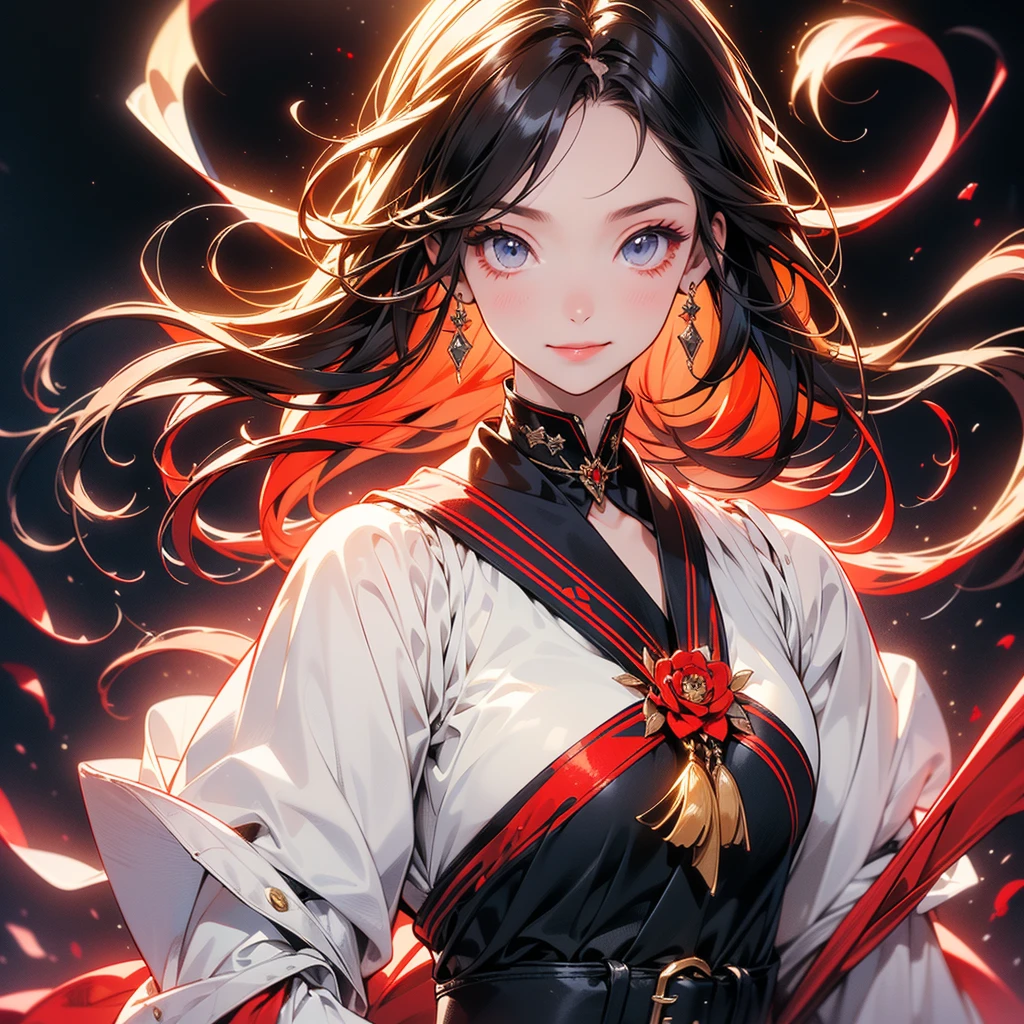 One girl,(((Perfect Anatomy、Best dynamic composition、Super detailed、Best Quality、masterpiece、Official Art、Presence)))、Anime Art、Black Sailor Suit、red and black sword、A sword that has turned red from absorbing blood、Two-handed sword、A sheath attached diagonally to the back、Vampire Hunter、Black rose frame、Milky white, straight, long hair、Swing the sword down、Red and black background、Calm and collected, Still smiling、baby face、Jump Cut、