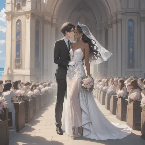 two brides:
first woman with a strapless wedding dress, lace top, with trans flag colors(blue, white, pink), black eyes,(((brown...