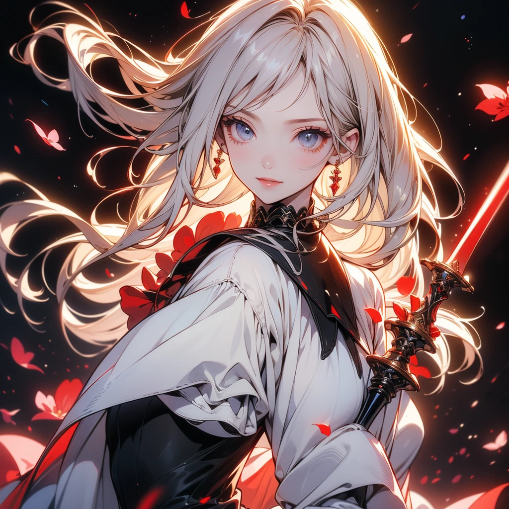 One girl,(((Perfect Anatomy、Best dynamic composition、Super detailed、Best Quality、masterpiece、Official Art、Presence)))、Anime Art、Black Sailor Suit、red and black sword、A sword that has turned red from absorbing blood、Two-handed sword、A sheath attached diagonally to the back、Vampire Hunter、Black rose frame、Milky white, straight, long hair、Swing the sword down、Red and black background、Calm and collected, Still smiling、baby face、Jump Cut、