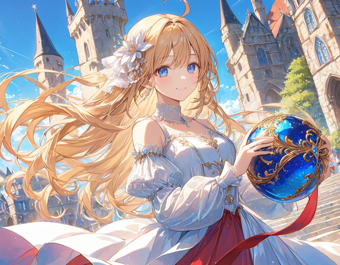 woman,, View your audience, Long Hair, Ahoge, blonde, Drill Hair, blue eyes, Slanted Eyes, smile, beautiful, Sparkling Red Afternoon Dress, long term, Standing, courtesy, Upper Body、A glittering medieval ball, Speedy Shot, masterpiece, Best Quality, detailed, ultra detailed, hyper detailed, insanely detailed, Exquisite, beautiful, Full HD, 16k, cute, Fantasy, A vibrant academic community, Soft line design, Soft Surface, Simple line drawing, Cowboy Shot, Front View, The best light, Fast shutter speed, Written boundary depth, Highly saturated colors, Vibrant colors, Bright colors, Dreamy watercolor painting, Best Hand