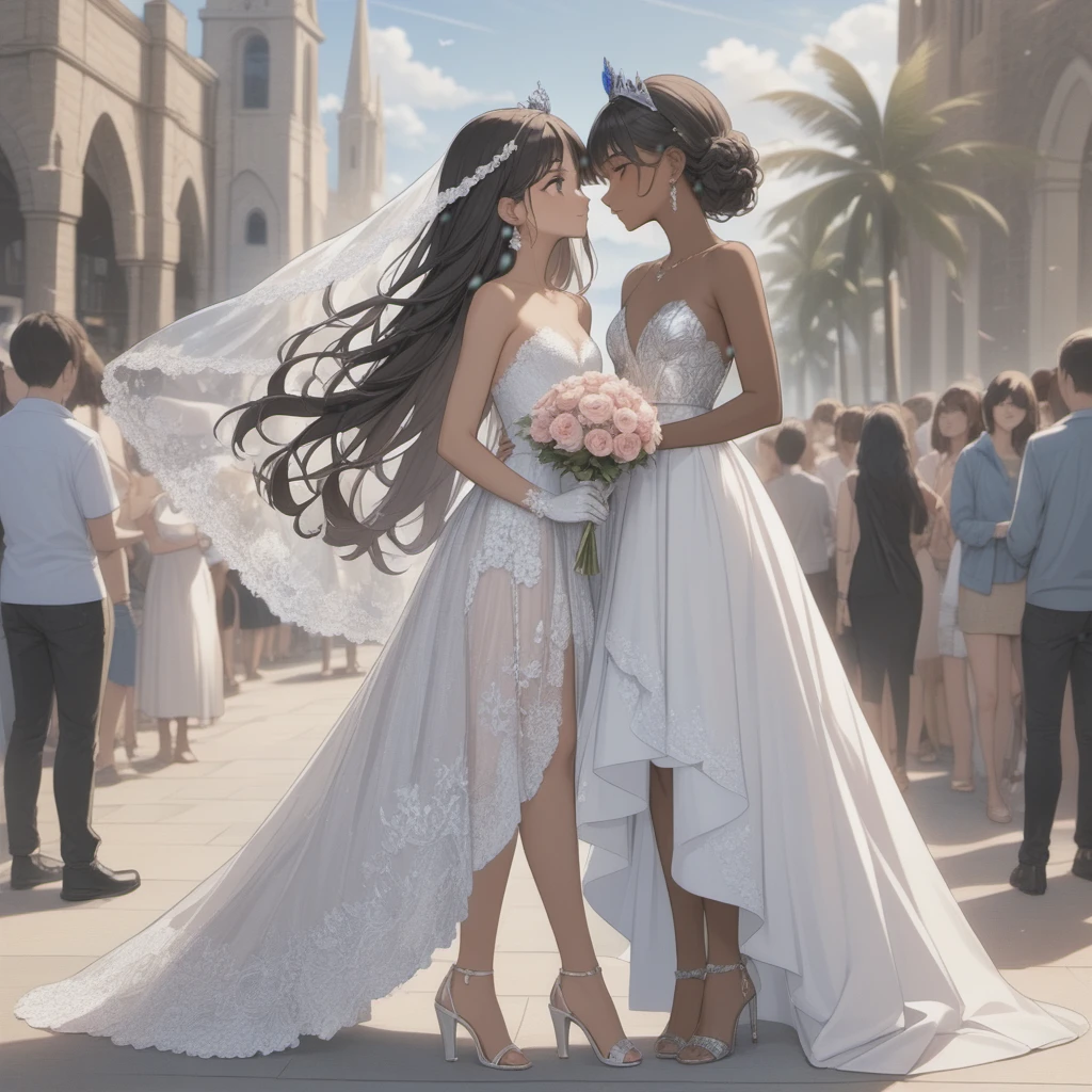 Two Brides:
first woman with a strapless wedding dress, lace top, with trans flag colors(blue, white, pink), black eyes,(((brown skin))), transparent wedding veil, wearing white finger gloves, purple tiara, long wavy black hair, wearing silver high heels sandals;
second woman with a sleeveless wedding dress, lace skirt, brown eyes,(((brown skin))), transparent wedding veil, wearing white gloves, pink bow, curly black hair, wearing silver high heels sandals;
Standing on church, face to face, both holding a bouquet, with cute smile, posing, face blushing, beach background, high quality, masterpiece, anatomically correct, detailed background, better quality, original work, focus on details, people's around, front view, earrings, wind blowing, cute makeup, one hand in hair, full body view, posing with her wife. Kissing.
LONG DRESS, both with brown skin