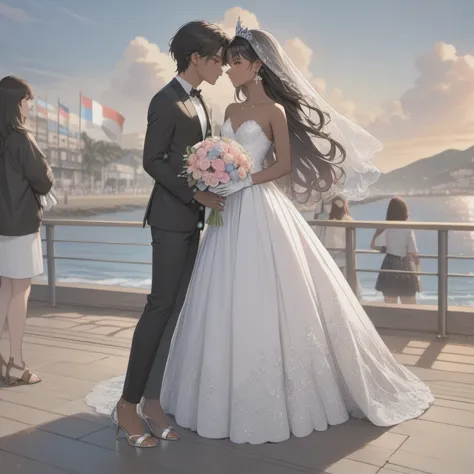 two brides:
first woman with a strapless wedding dress, lace top, with trans flag colors(blue, white, pink), black eyes,(((brown...