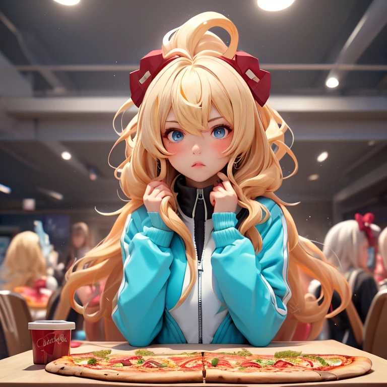 woman,, View your viewers, Long Hair, Ahoge, blonde, Drill Hair, blue eyes, Slanted Eyes, Serious face, Maroon zippered sportswear, Eat pizza on the table, noble&#39;Inside the room、, Upper Body、A room full of Japanese anime posters, Speedy Shot, Masterpiece, detailed, ultra detailed, hyper detailed, insanely detailed, Exquisite, Beautiful Full HD, 16k, cute, Fantasy, A vibrant academic community, Soft line design, Soft Surface, Simple line drawing, Front View, The best light, Fast shutter speed, Written Boundary Depth, Highly saturated colors, Vibrant colors, Bright colors, Dreamy watercolor painting, Best Hand