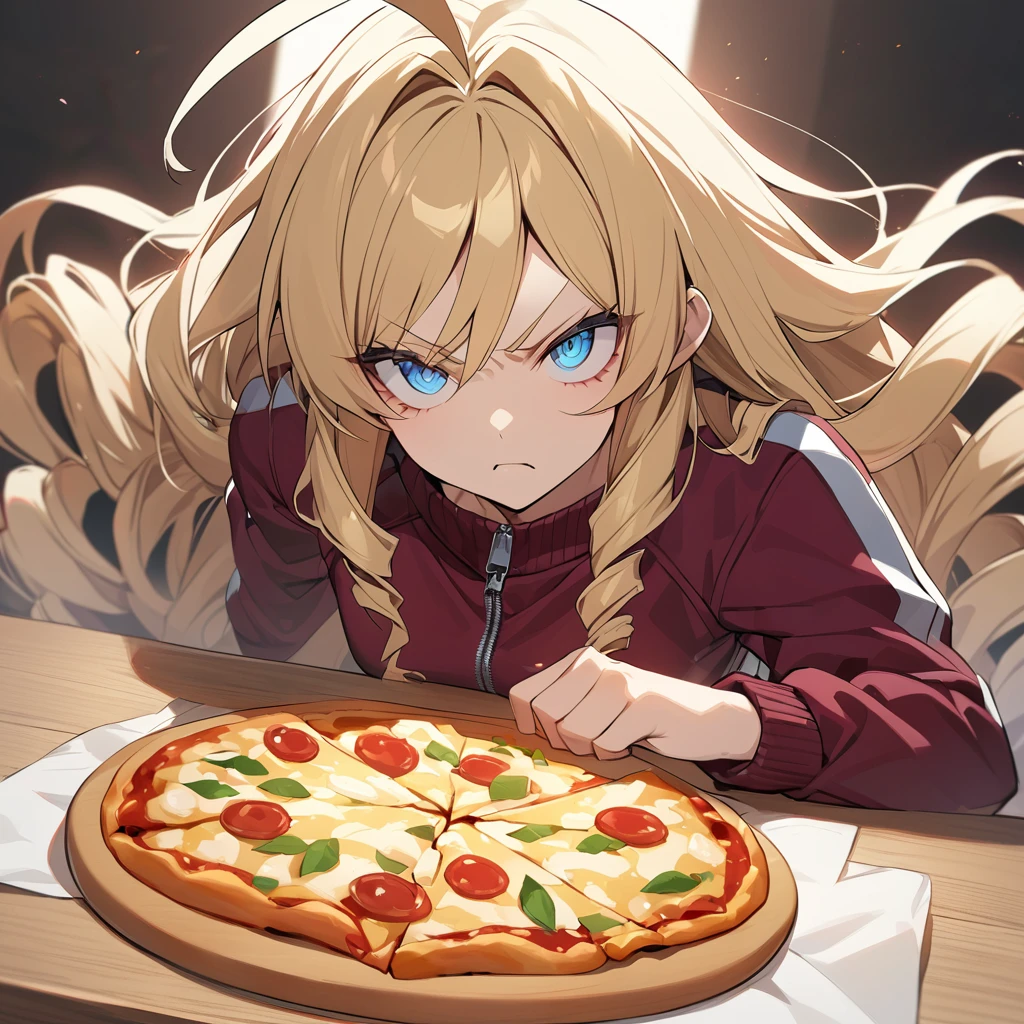 woman,, View your viewers, Long Hair, Ahoge, blonde, Drill Hair, blue eyes, Slanted Eyes, Serious face, Maroon zippered sportswear, Eat pizza on the table, noble&#39;Inside the room、, Upper Body、A room full of Japanese anime posters, Speedy Shot, Masterpiece, detailed, ultra detailed, hyper detailed, insanely detailed, Exquisite, Beautiful Full HD, 16k, cute, Fantasy, A vibrant academic community, Soft line design, Soft Surface, Simple line drawing, Front View, The best light, Fast shutter speed, Written Boundary Depth, Highly saturated colors, Vibrant colors, Bright colors, Dreamy watercolor painting, Best Hand