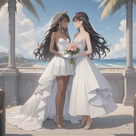 two brides:
first woman with a strapless wedding dress, lace top, with trans flag colors(blue, white, pink), black eyes,(((brown...