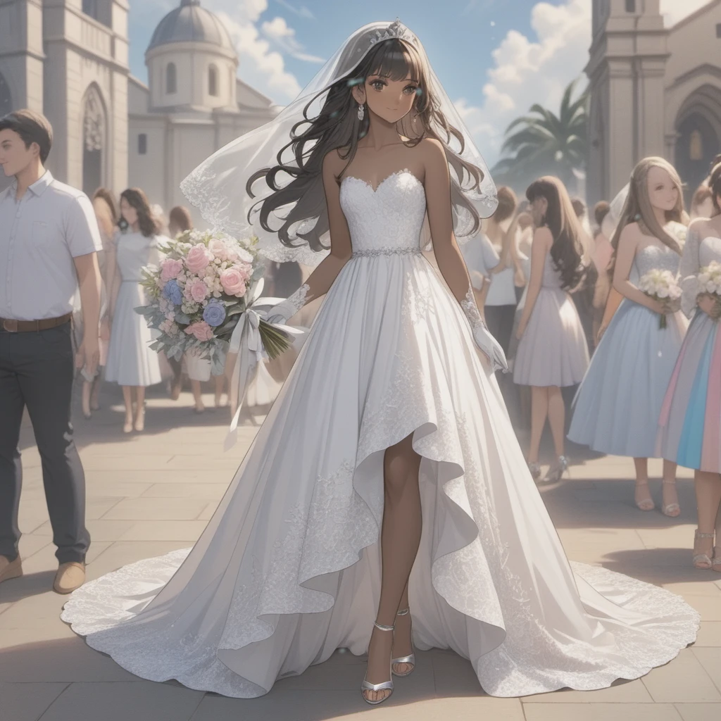 Two Brides:
first woman with a strapless wedding dress, lace top, with trans flag colors(blue, white, pink), black eyes,(((brown skin))), transparent wedding veil, wearing white finger gloves, purple tiara, long wavy black hair, wearing silver high heels sandals;
second woman with a sleeveless wedding dress, lace skirt, brown eyes,(((brown skin))), transparent wedding veil, wearing white gloves, pink bow, curly black hair, wearing silver high heels sandals;
Standing on church, face to face, both holding a bouquet, with cute smile, posing, face blushing, beach background, high quality, masterpiece, anatomically correct, detailed background, better quality, original work, focus on details, people's around, front view, earrings, wind blowing, cute makeup, one hand in hair, full body view, posing with her wife. Kissing.
LONG DRESS, (((both with brown skin)), amazing dress