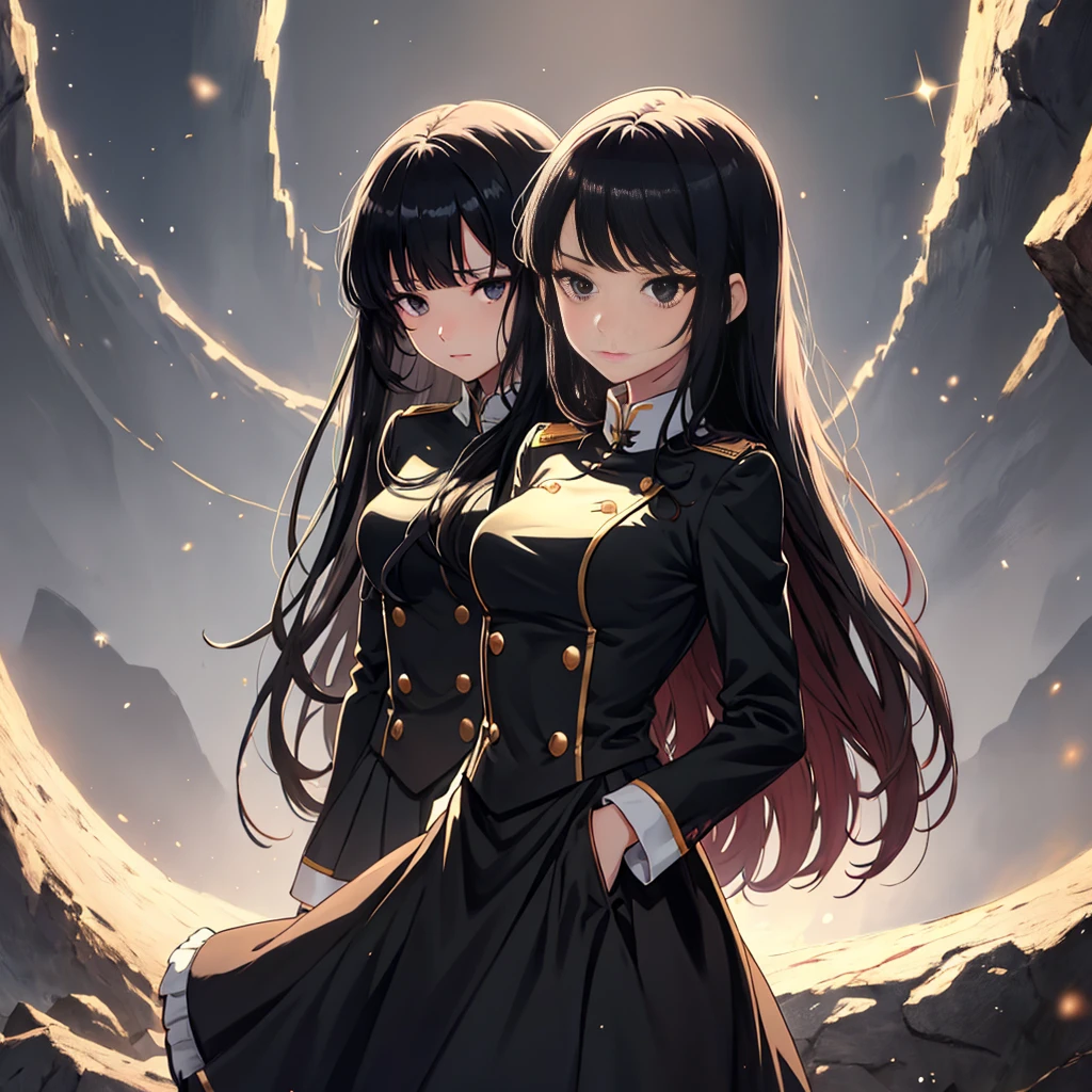 Anime Girls, All-black uniform, Gold Button, Long skirt, Long black hair with bangs, Black Eyes, beautiful, Small breasts, stoic, slender, gentle, Top view