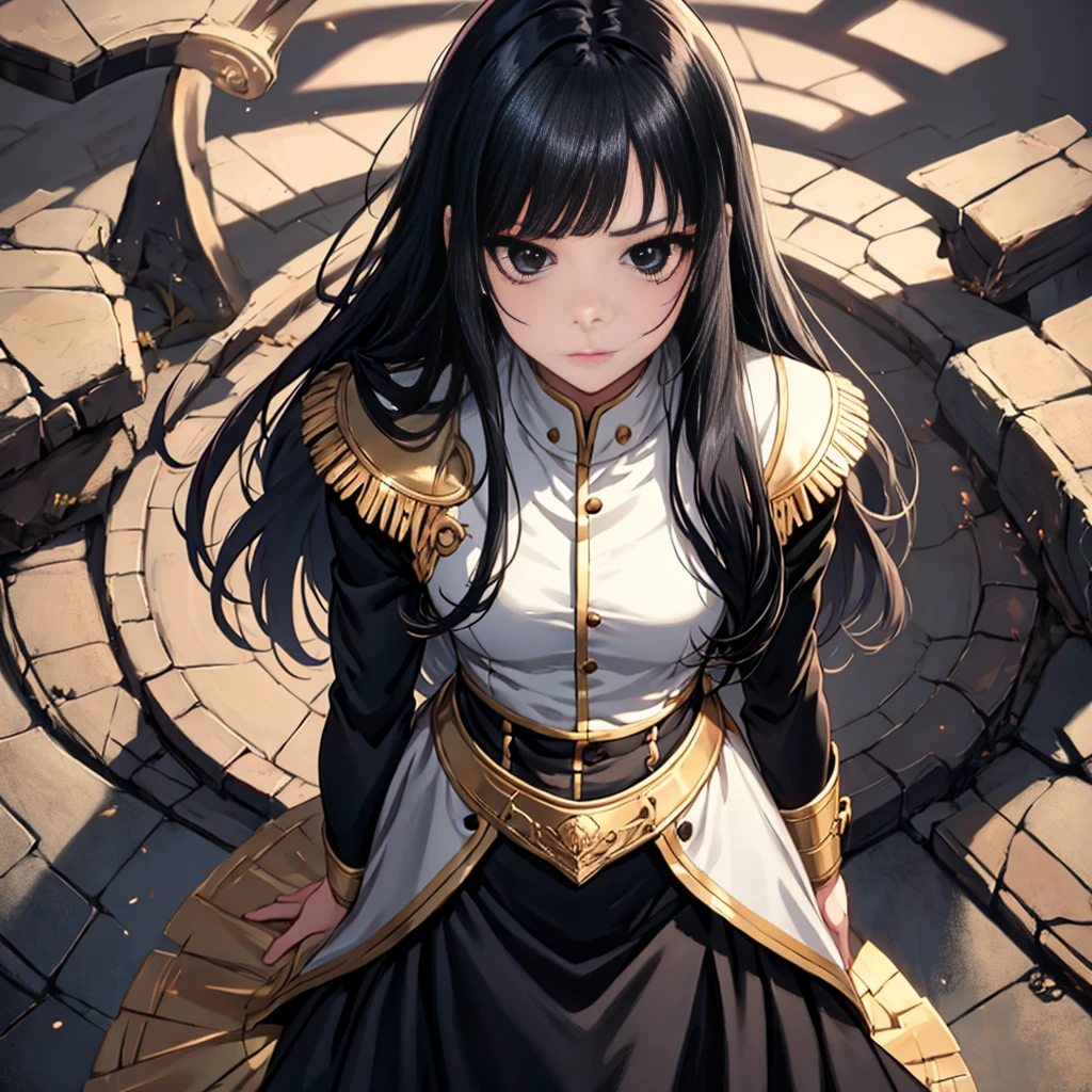 Anime Girls, All-black uniform, Gold Button, Long skirt, Long black hair with bangs, Black Eyes, beautiful, Small breasts, stoic, slender, gentle, Top view