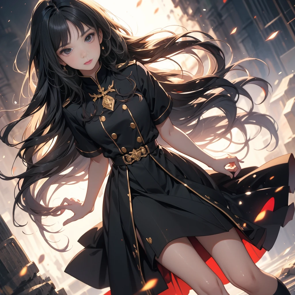 Anime Girls, All-black uniform, Gold Button, Long skirt, Long black hair with bangs, Black Eyes, beautiful, Small breasts, stoic, slender, gentle, Top view