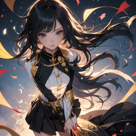 anime girls, all-black uniform, gold button, long skirt, long black hair with bangs, black eyes, beautiful, small breasts, stoic...