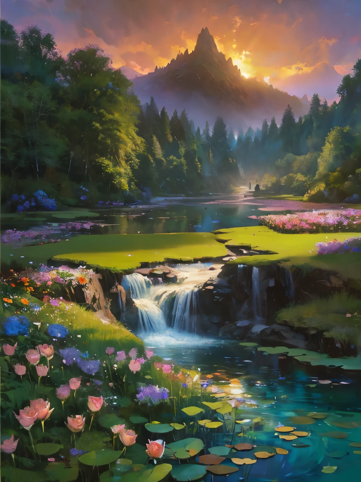 There is a huge waterfall in the middle of a mountain, ancient city embedded in mountain rocks, epic matte painting of an island, the Lost City of Atlantis. sunset, dark sky with red sunset clouds,  fog in the forest, waterfall flows into a pond, pond with a garden, flowers and water lily in a pond, rock bridge, epic landscape, oil painting art, watercolor art, lantern in the pond, ancient city blurred on mountain in the distance, fantasy, trend in artstation, trend in CGSociety, intricate, high detail, dramatic, art mid-journey, tall aguafall, painting of a river with rocks and trees in the foreground , near a river, landscape, jungle, aguafall, crystal clear water, night light, colorful, river with rocks, rock bridge, epic, Fantasy, ((roses and flowers on the banks of the pond) ), ((Oil painting)),  ((rock bridge))