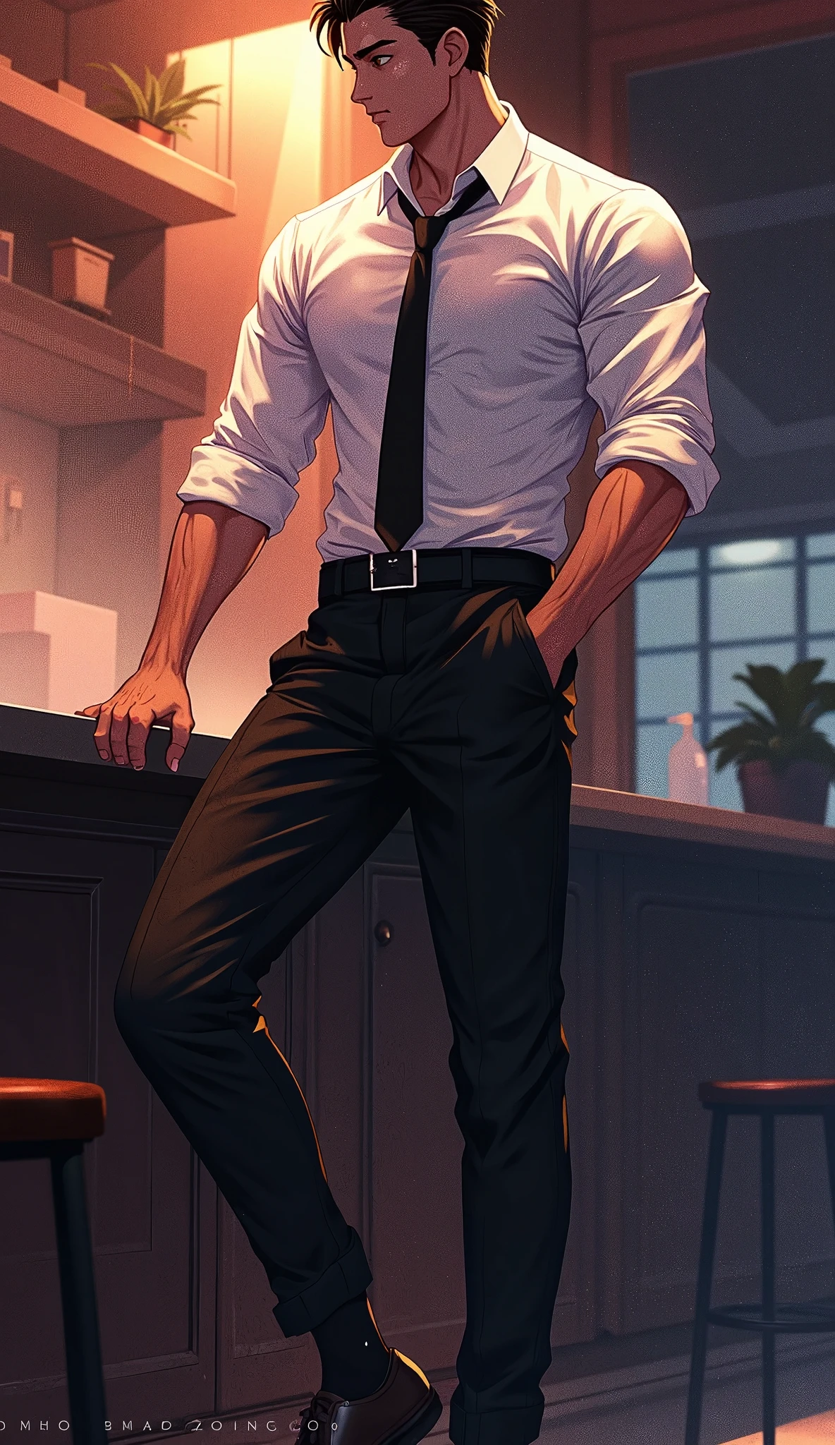 Fraction_9, Fraction_8_Direction_7_Direction_6_up, Anime style, Fraction_9, Fraction_8_Direction_8, Sexy 30-year-old young man, 1 Man, White shirt, tie，belt，trousers，Tall and strong body,  Black socks, leather shoes, ,Handsome, Show a teasing smile,, 显示sweat珠, sweat, Shiny, Greasy , Volumetric Light, Mood Lighting, Glowing lights, Dark Photography, Low Light, Soft lighting