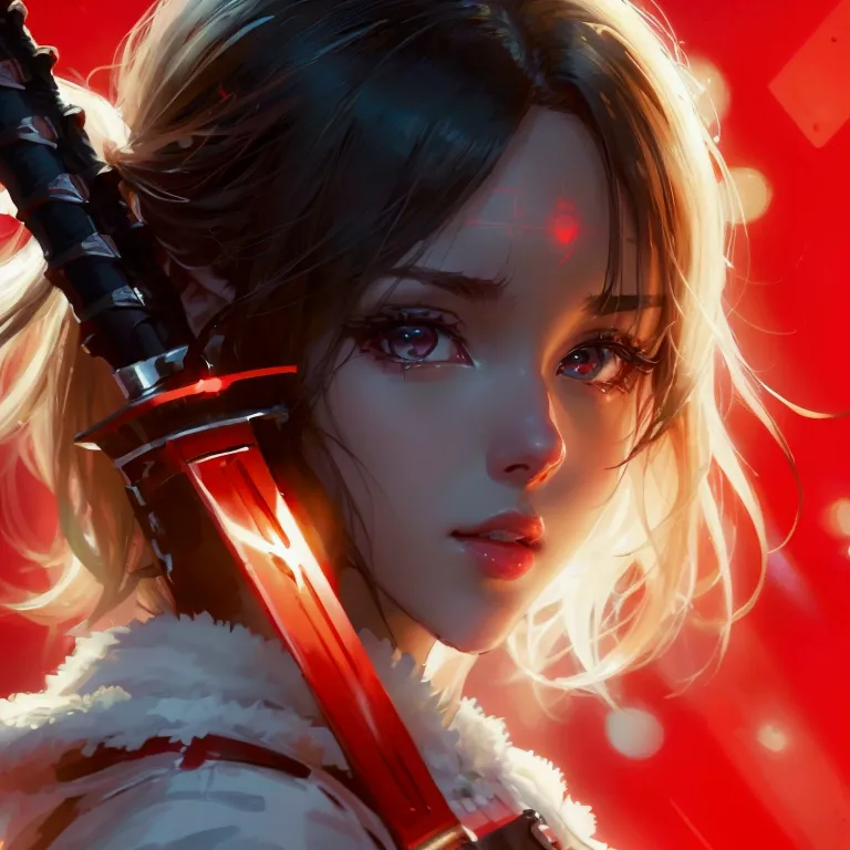 a close-up of a woman holding a sword in front of a red background., destination zero, destination / spend the night, destinatio...