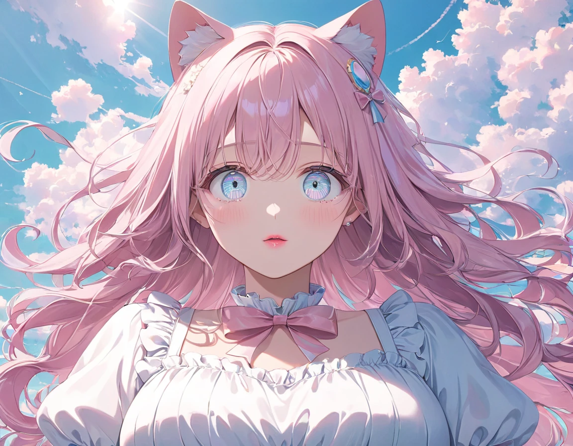 @Original, One girl\(blue eyes,Big Eyes,Tears,(((((Droopy eyes))))),(((Narrow eyes))),cute,((Plump)), (Long Hair:1.3),(((pastel)) light-pink hair),(Wavy Hair:1.2),(Hair floating), Pale skin,(pink cheeks),((pink lips)),bangs, cat ears, dress\(short,((pastel)) ((pink)), (), Open Cleavage\),White apron, Large Breasts, Blurred foreground, , Bokeh,Depth of written boundary, smile, Open your mouth, Tall, Cheerful attitude,((cute hairpins)),((pink lips)),White garter thigh high socks,((ID card around the neck))\), ((pastel colors)), break ,background\(Dreamland, ((pastel colors)),Many lights\), break ,quality\(8k,非常に精細なCGユニットのwallpaper, masterpiece,High resolution,top-quality,top-quality real texture skin,Surreal,Increase the resolution,RAW Photos,最高quality,Very detailed,wallpaper,Cinematic Lighting,Ray-tracing,Golden Ratio,\),From below,[nsfw:2.0]