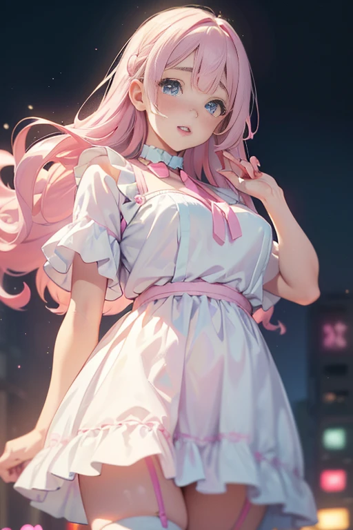 @Original, One girl\(blue eyes,Big Eyes,Tears,(((((Droopy eyes))))),(((Narrow eyes))),cute,((Plump)), (Long Hair:1.3),(((pastel)) light-pink hair),(Wavy Hair:1.2),(Hair floating), Pale skin,(pink cheeks),((pink lips)),bangs, cat ears, dress\(short,((pastel)) ((pink)), (), Open Cleavage\),White apron, Large Breasts, Blurred foreground, , Bokeh,Depth of written boundary, smile, Open your mouth, Tall, Cheerful attitude,((cute hairpins)),((pink lips)),White garter thigh high socks,((ID card around the neck))\), ((pastel colors)), break ,background\(Dreamland, ((pastel colors)),Many lights\), break ,quality\(8k,非常に精細なCGユニットのwallpaper, masterpiece,High resolution,top-quality,top-quality real texture skin,Surreal,Increase the resolution,RAW Photos,最高quality,Very detailed,wallpaper,Cinematic Lighting,Ray-tracing,Golden Ratio,\),From below,[nsfw:2.0]