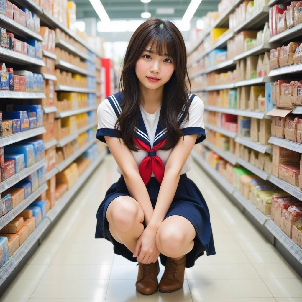 a beautiful young japanese woman in a sailor uniform squatting, spreading her legs, hands on her knees, peeing herself, skirt lifted, blushing and looking at the camera, in a supermarket food aisle