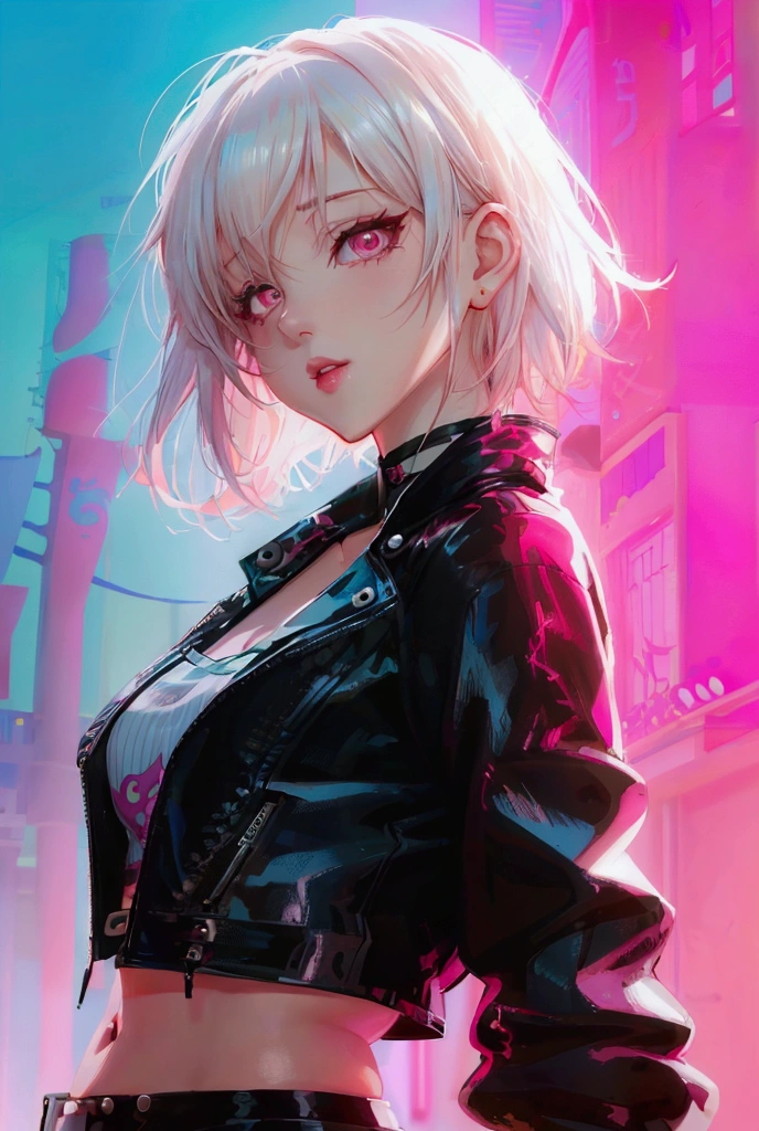 anime girl with pink hair and black leather shorts posing, guweiz, artwork in the style of guweiz, guweiz on pixiv artstation, guweiz on artstation pixiv, girl with short white hair, digital anime art, anime character, detailed anime character art, seductive anime girl, anime girl, anime character art