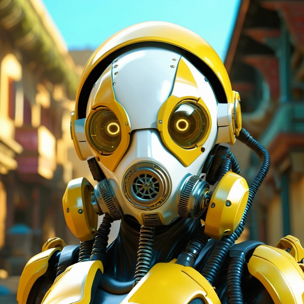 (masterpiece:1.2,high quality), 1girl, ((ultra realistic details)), global illumination, shadows, Unreal Engine, octane render, 8k, ultra sharp, metal, intricate, ornaments detailed, highly intricate details, yellow eyes, (mechanical body:1.2), white hair, (black gas mask), Gear, bob cut, hundreds of wires, Terran, (Robot, android:1.15), Apocalypse, broken buildings