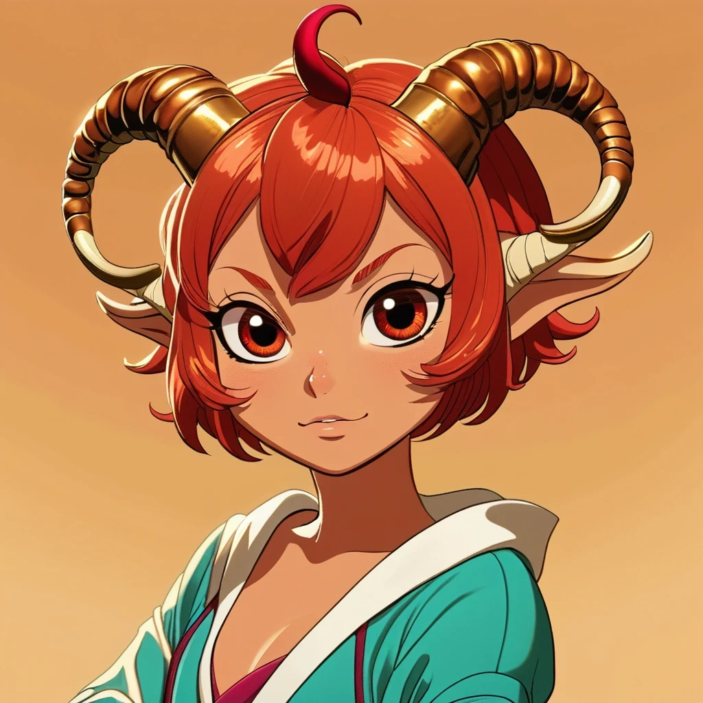 masterpiece, best quality, 1girl, stubby horns, loungewear, short hair, ruby eyes, copper hair, :o, tan skin, two-tone background, fantasy of terror   