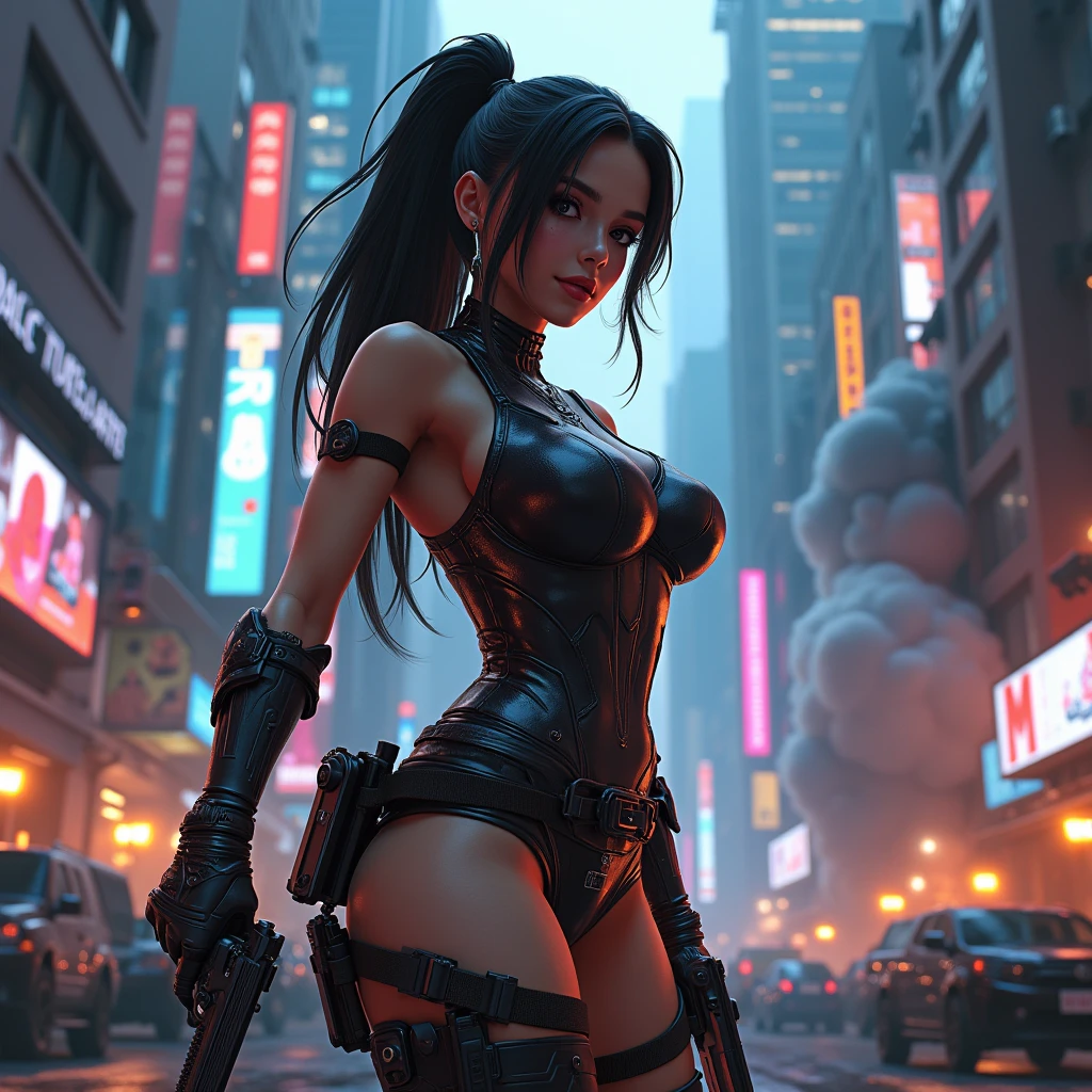 Full body portrait, Detailed Cyberpunk Sci-Fi Characters, Beautiful young woman, Highly detailed face and body, Detailed and ample breasts, Perfect figure, Muscular, シックスパック, Wearing a high leg latex bodysuit, ナイト camouflage pattern, Tactical Gear, Bulletproof vest, ユーティリティベルト, Futuristic pistol, Exquisite Armor, Cybernetic Enhancement, シネマティックポーズ, Cyberpunk City, Terrorist attacks, explosion, night, Detailed futuristic cityscape, ネオンライト, Skyscraper, Dark atmosphere, ボリュームフォグ, シネマティックライティング, Dystopian urban environments, Advanced Technology, アンドロイド, ハッカー, glowing displays, ホログラフィックディスプレイ, Flying Car, Industrial Machinery, Damaged building, rubble, カオス, パニック, Highly detailed skin textures, Intricate details, Dramatic Shadows, Glowing Skin, (Best Quality, High resolution, masterpiece:1.2), Super detailed, (Realistic, photo-realistic:1.37), Highly detailed eyes and face, Long eyelashes, Dramatic lighting, キアロスクーロ, Vibrant colors, Photorealistic, Photorealistic, cinematic, 4K, 8k