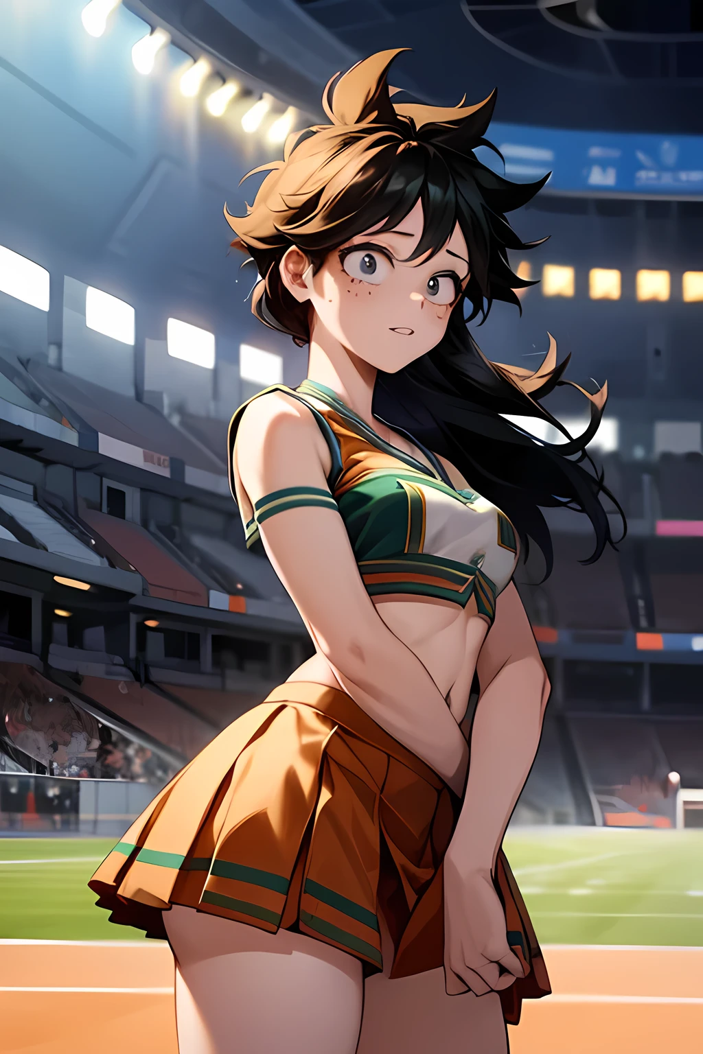 1 girl, Izuku Midoriya girl, female version, genderswap, U.A. CheerUniform, orange crop top, orange skirt, nervous face, stadium backdrop, green long hair, feminine features, feminine body, fine eyes, feminine lips, delicate nails, bright illumination, cinematic illumination,standing,  Leaning forward, arms at your waist, portrait, frontal view, cowboy shot,  looking at the viewer, a woman in a bikini standing in a stadium with her hands on her hips and looking at the camera, Artgerm, superflat, official art, concept art, with her legs going up to the sides, with a skirt as it's showing her panties, while laying on the floor as the skirt rises with the legs going up 