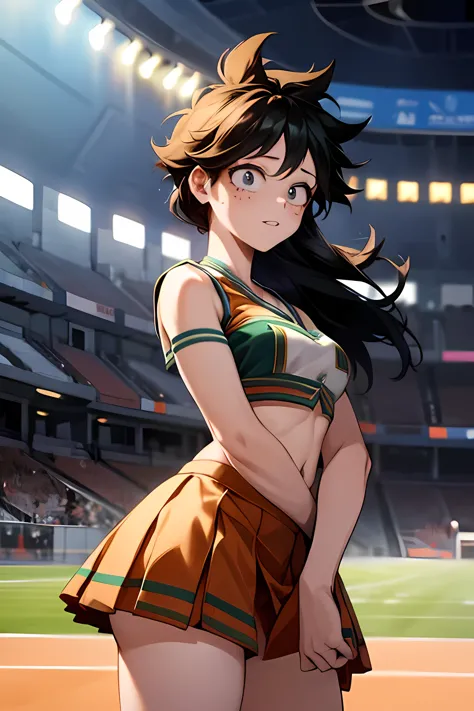 1 girl, izuku midoriya girl, female version, genderswap, u.a. cheeruniform, orange crop top, orange skirt, nervous face, stadium...