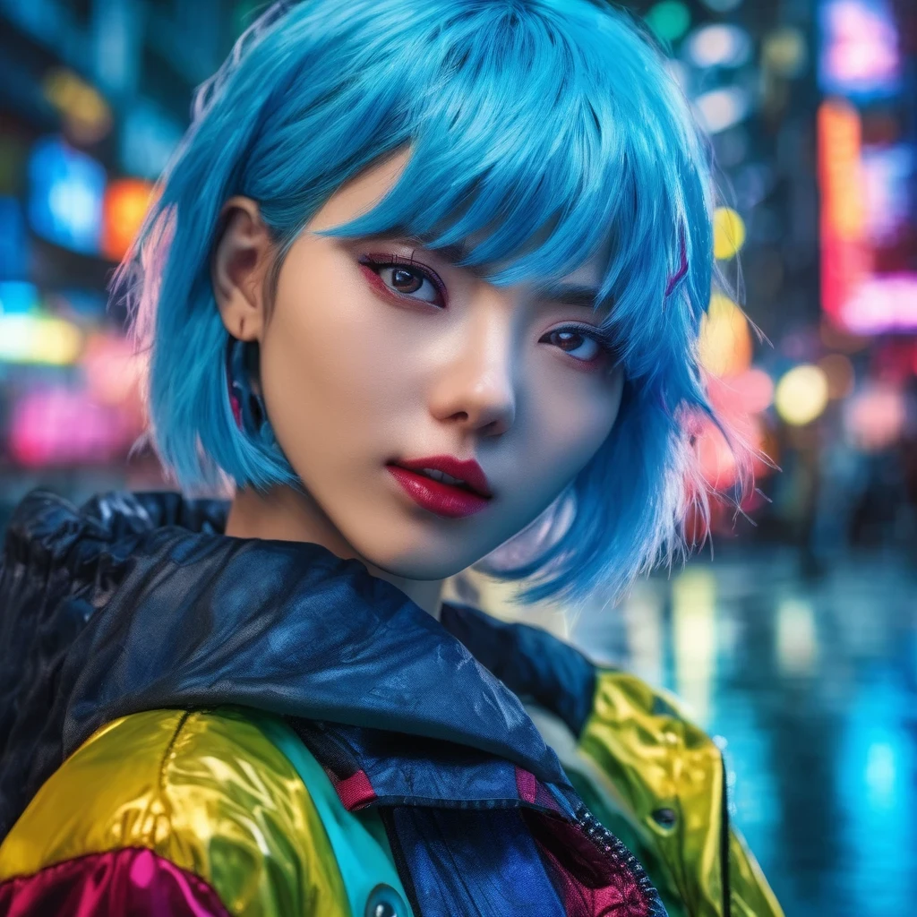 (masterpiece,detailed,highres:1.4) , model shot, close up, detailed face, fine detailed eyes,, (kirishima touka),blue middle hair,ghoul  eye,retro jacket,Tokyo Ghoul,retrofuturism background, vibrant colours, hdr,, ,