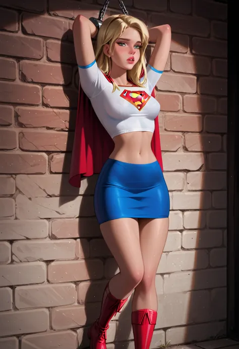 score_9, score_8_up, score_7_up, cinematic film still, solo, 1girl, (supergirl, blonde, wearing supergirl costume, tight white t...