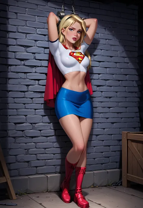 score_9, score_8_up, score_7_up, cinematic film still, solo, 1girl, (supergirl, blonde, wearing supergirl costume, tight white t...