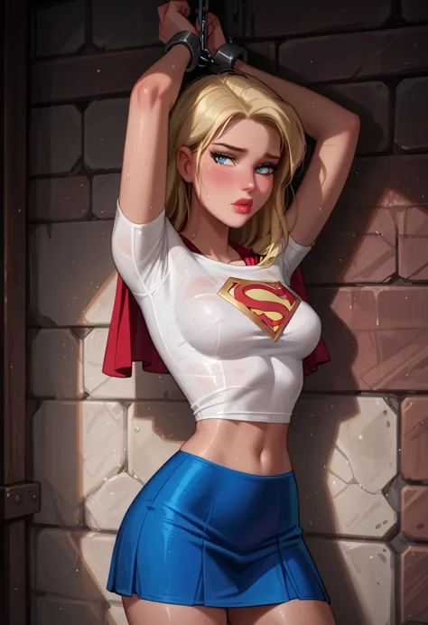 score_9, score_8_up, score_7_up, cinematic film still, solo, 1girl, (supergirl, blonde, tight white tshirt, short sleeves, midri...