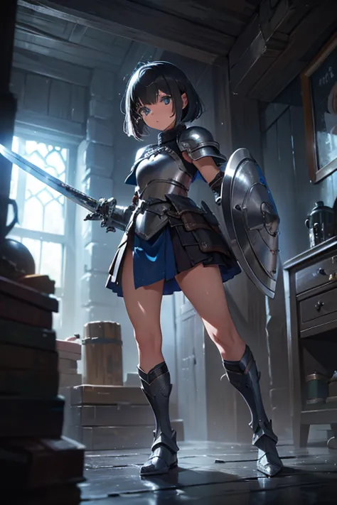 material、thick paint、level 30 warrior,fantasy、warrior,pretty girl、full body silver armor、silver helmet、long sword and shield、sho...