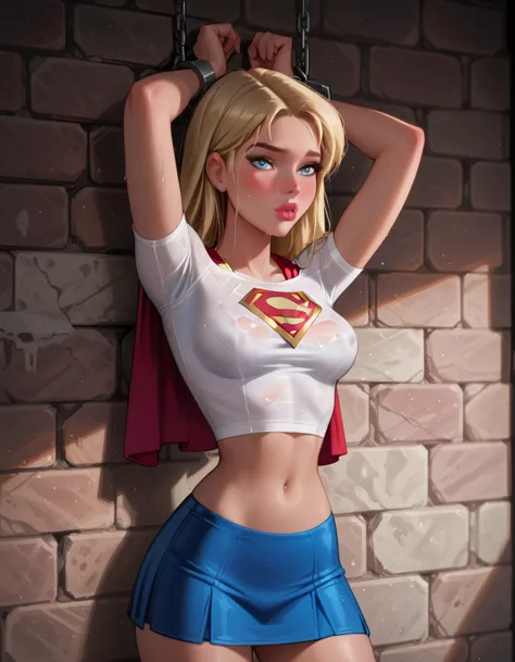 score_9, score_8_up, score_7_up, dcaustyle, cinematic film still, solo, 1girl, (supergirl, blonde, tight white tshirt, short sle...