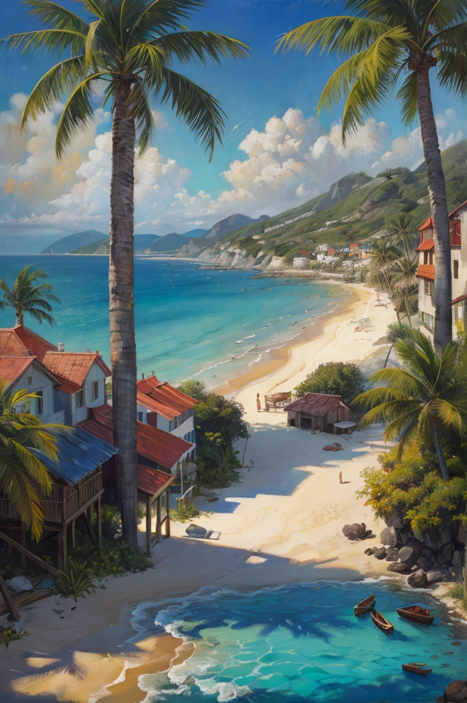 illustration of a medieval fantasy fishing village on the beach, calm ocean, beautiful sunlight, palm trees, beautiful lights, celebration, first person view, best quality, masterpiece, intricate details, (surreal), (illustration), ((oil painting \(medium\)))