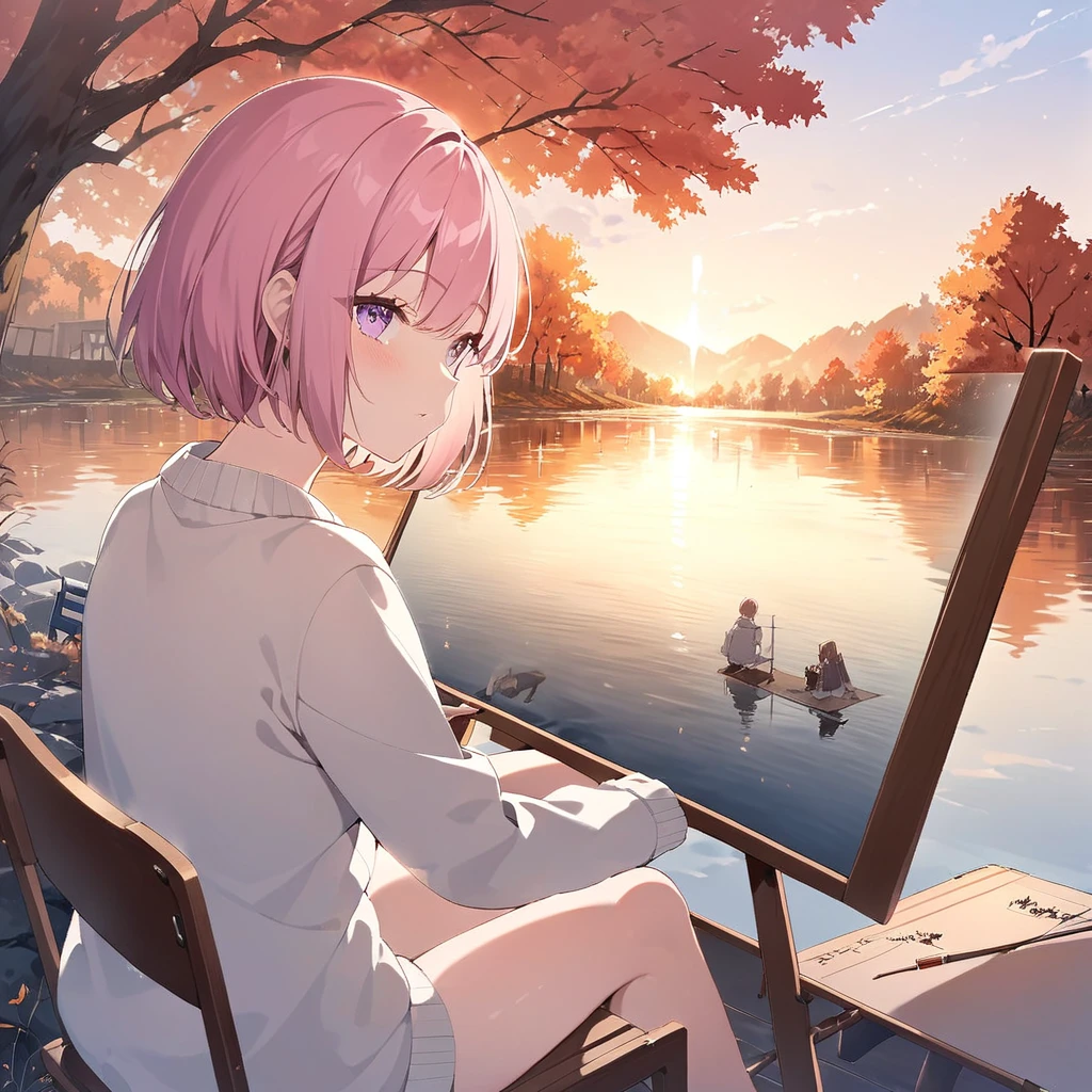 A 1 woman painting a double exposure of a canvas and cardigan. Pink hair, short hair, purple eyes, cardigan, sitting on a camping chair, large canvas and easel. Double exposure of canvas and cardigan, autumn landscape, riverbank. The detailed background, the glow of the skin, the gentle sunlight, the detailed writing on the painting, and the attractive angle.